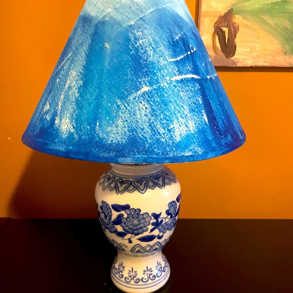 Beautiful porcelain lamp with one of a kind hand-painted lampshade
